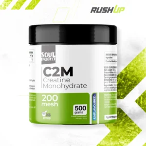 Bote de C2M Creatine Monohydrate creatina micronizada 500gr sobre fondo negro premium estilo fitness performance