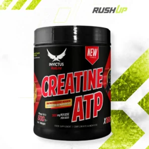 Bote de Creatina ATP Micronizada 500gr sobre fondo negro premium estilo fitness performance RushUp