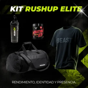 Combo premium RushUp con camiseta oversize, bolso Pro Line, shaker y creatina sobre fondo negro con iluminación verde neón.
