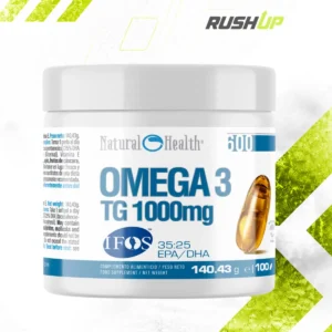 Atleta fitness premium utilizando Omega 3 RushUp después del entrenamiento en gimnasio moderno.