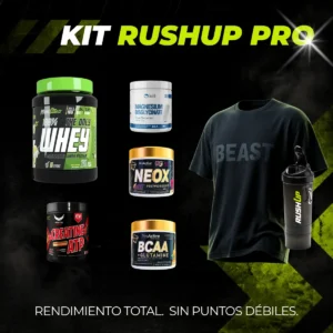 Kit completo Premium Athlete de RushUp con suplementos fitness y accesorios premium sobre fondo oscuro con iluminación verde neón.