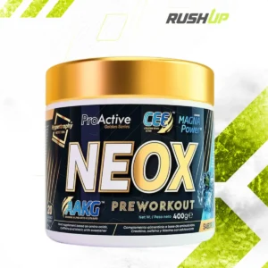 Bote de pre entreno NEOX RushUp con diseño premium fitness sobre fondo negro y verde neón.