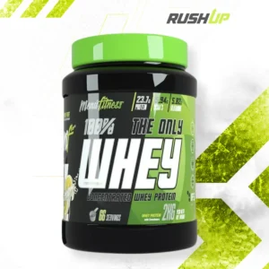 Bote de proteína whey concentrada The Only Whey sobre fondo negro premium con estética fitness y deportiva.