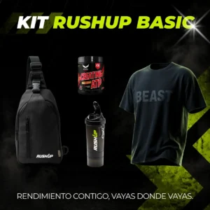 Combo Lifestyle Riñonera RushUp con camiseta oversize, riñonera, shaker y creatina sobre fondo premium urbano.
