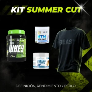 Combo Summer Cut RushUp con proteína, HTM Burner, Omega 3 y camiseta oversize negra sobre fondo premium fitness.