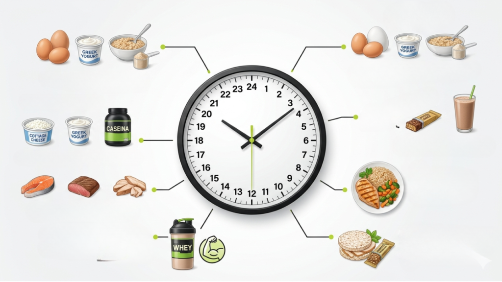 Momentos recomendados para consumir proteína durante el día.