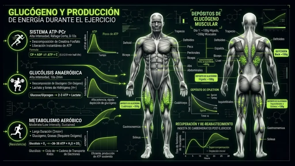 Infografía sobre el uso del glucógeno durante el entrenamiento HIIT.