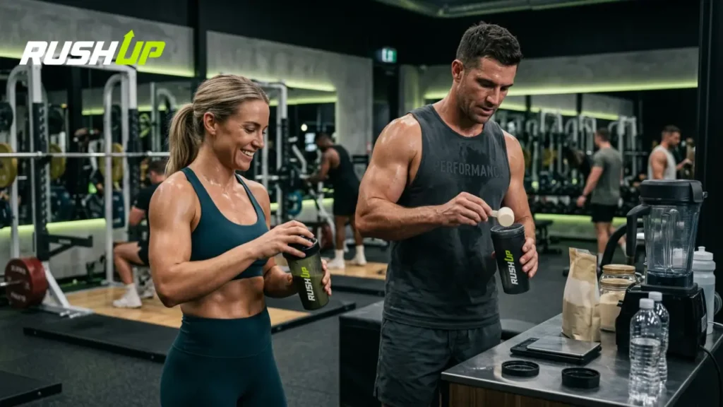 Atletas preparando un batido de proteína después de entrenar.