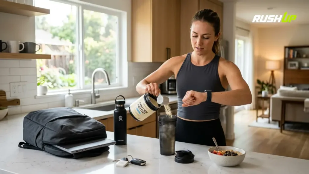 Persona utilizando proteína en polvo como solución práctica para alcanzar sus necesidades nutricionales.