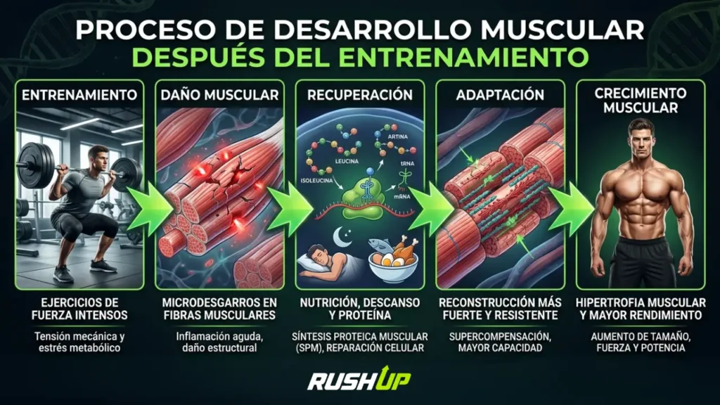 Proceso de síntesis proteica muscular después del entrenamiento.