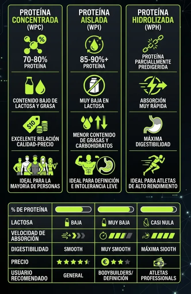 Comparativa entre proteína Whey concentrada, aislada e hidrolizada.