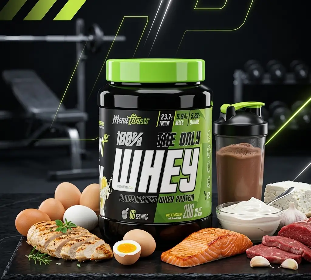 Proteína Whey junto a alimentos ricos en proteínas.